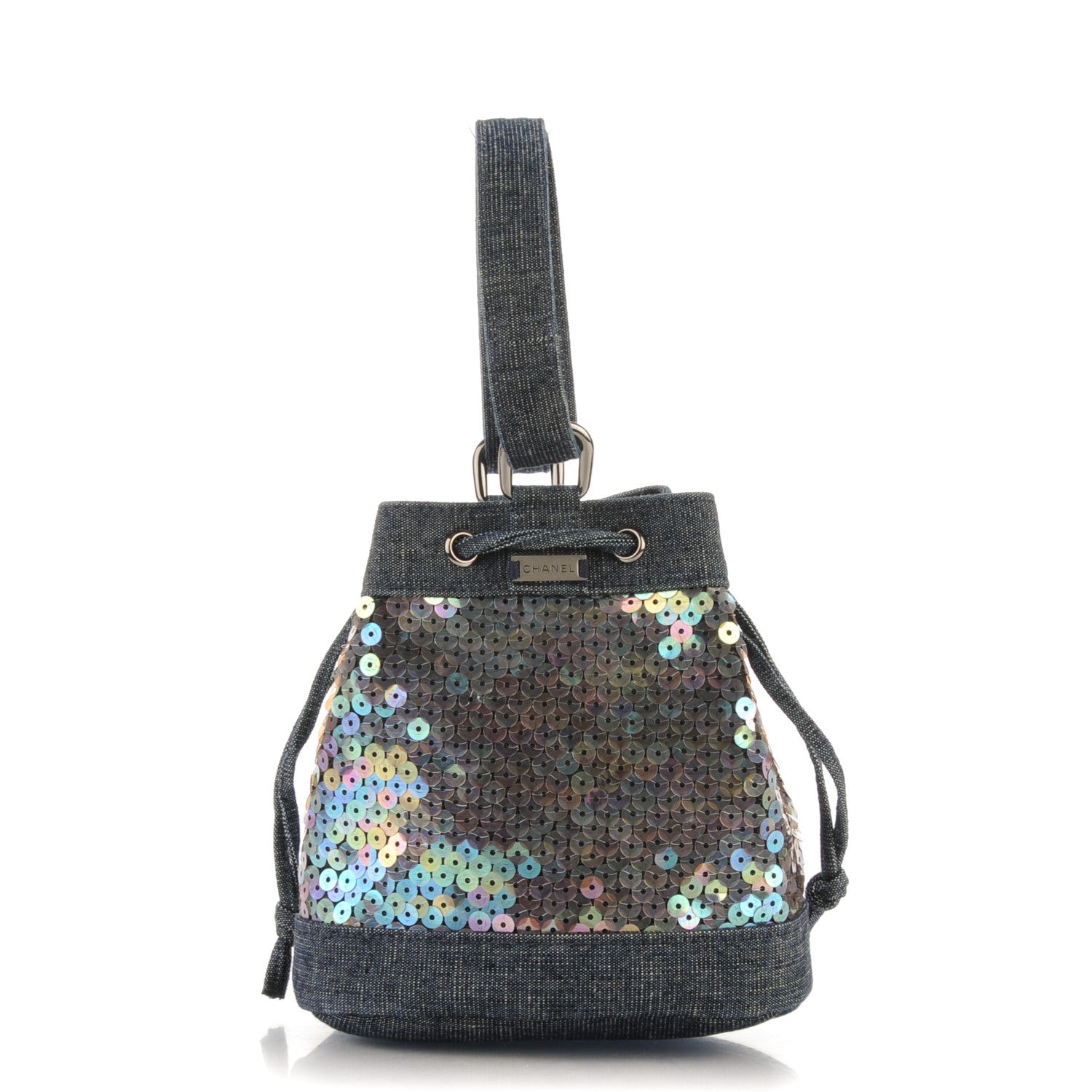 Chanel Sequin Denim Small Drawstring Bucket Bag Blue 1 of 7