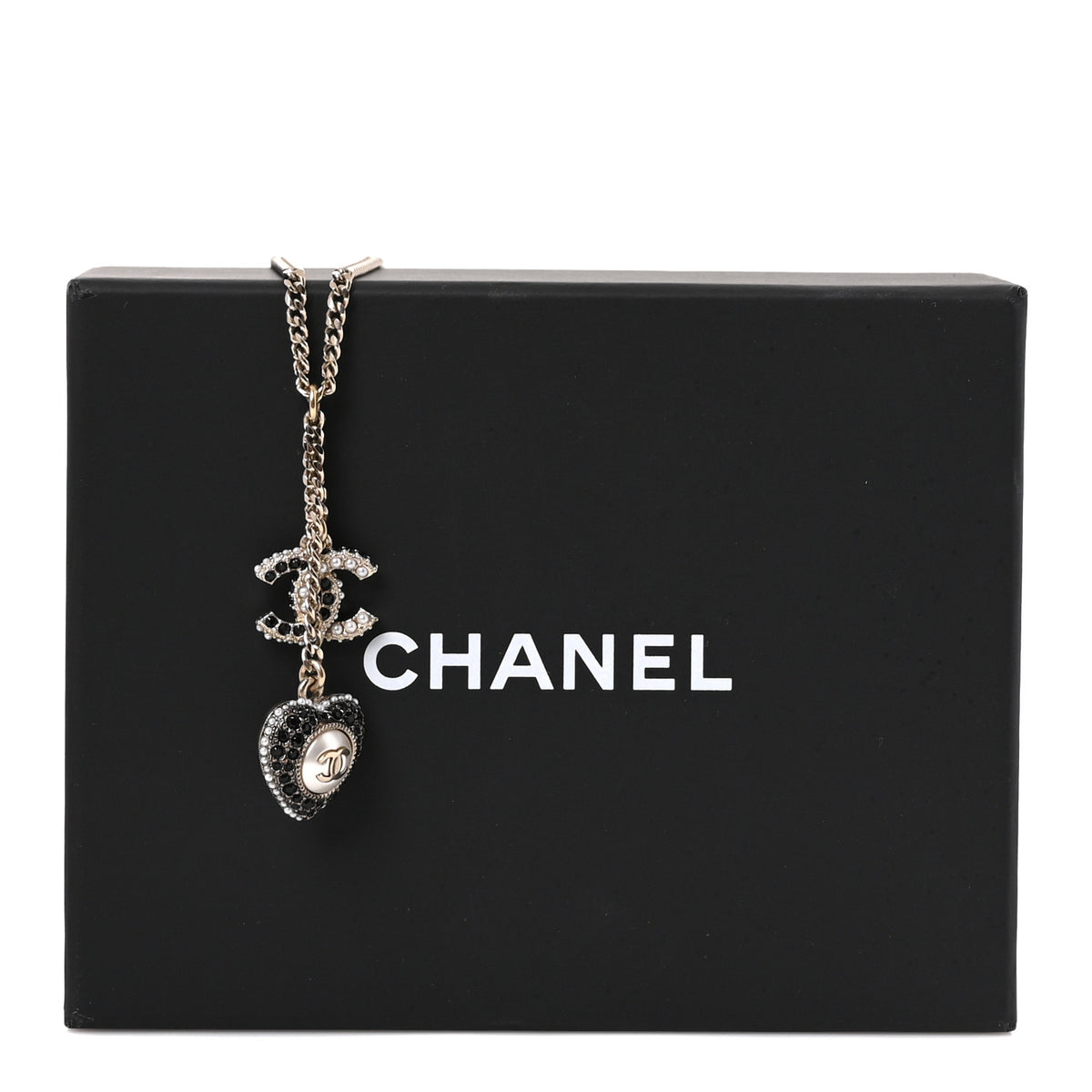 Chanel Crystal CC Heart Necklace Black Pearly White Gold 5 of 5
