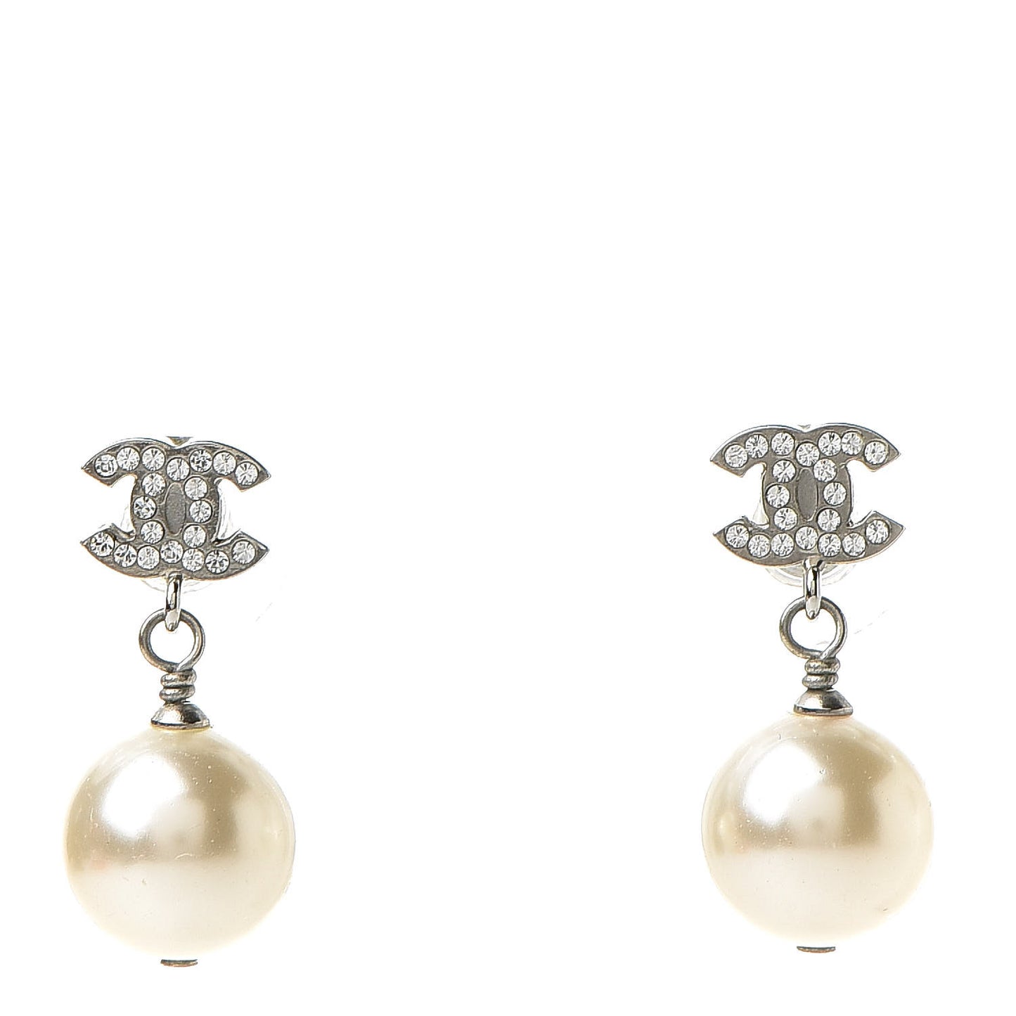 Crystal Pearl CC Drop Earrings Silver Pearly White