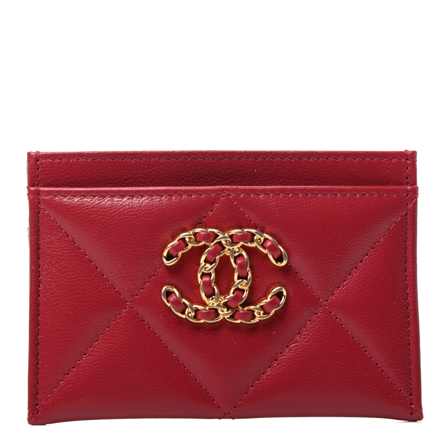 Shiny Goatskin Quilted Chanel 19 Card Holder Red