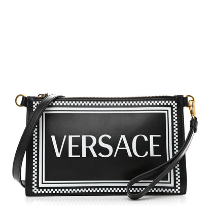 Versace Calfskin 90's Vintage Logo Crossbody Clutch Black White 1 of 8