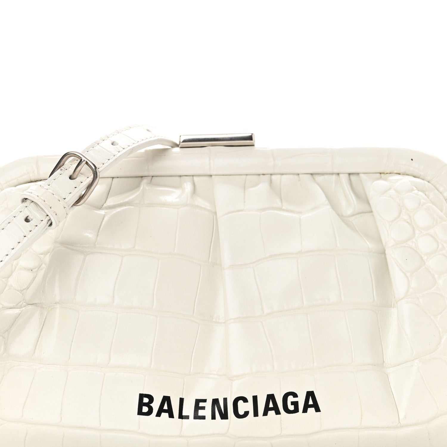 Balenciaga Shiny Supple Calfskin Logo Crocodile Embossed Cloud Clutch XS White 8 of 11