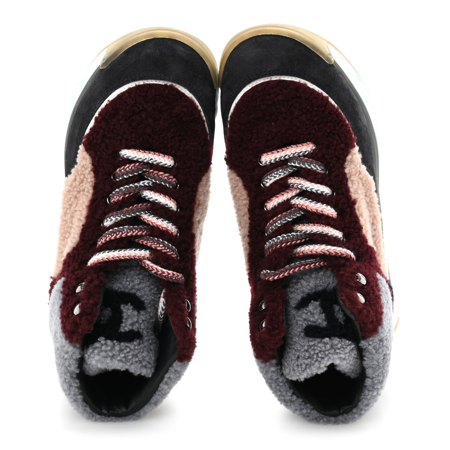 Shearling Lambskin Suede CC High Top Sneakers 36.5 Grey Pink Burgundy