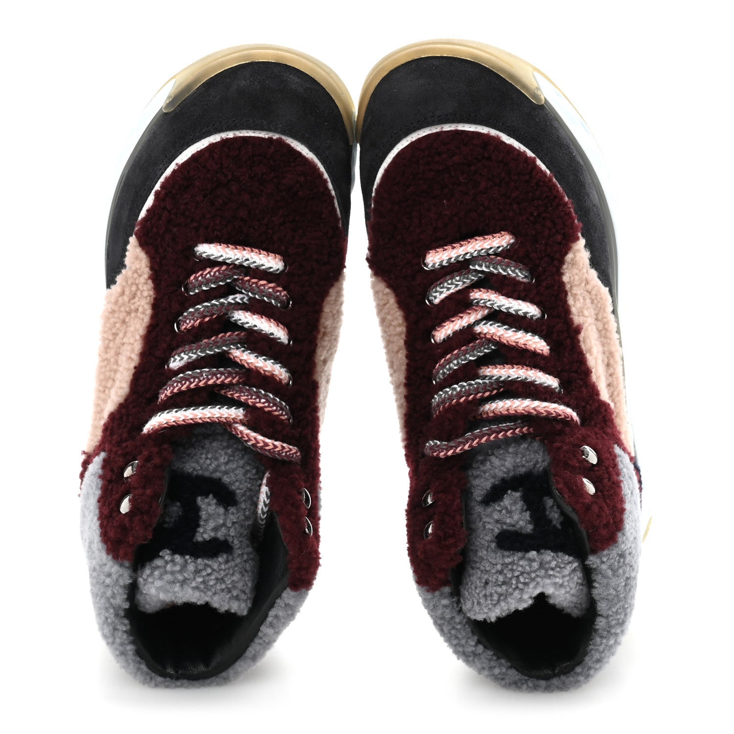 Chanel Shearling Lambskin Suede CC High Top Sneakers 36.5 Grey Pink Burgundy 2 of 8