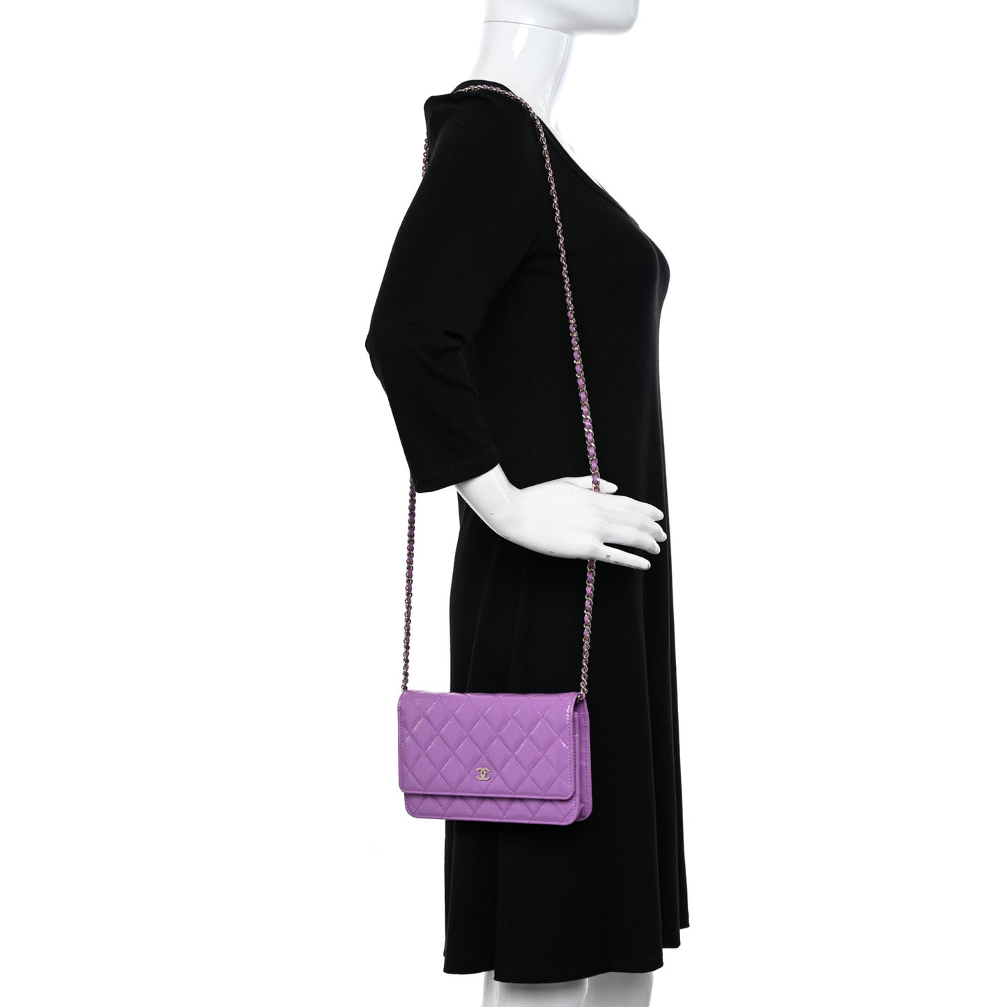 Patent Calfskin Quilted Wallet On Chain WOC Purple
