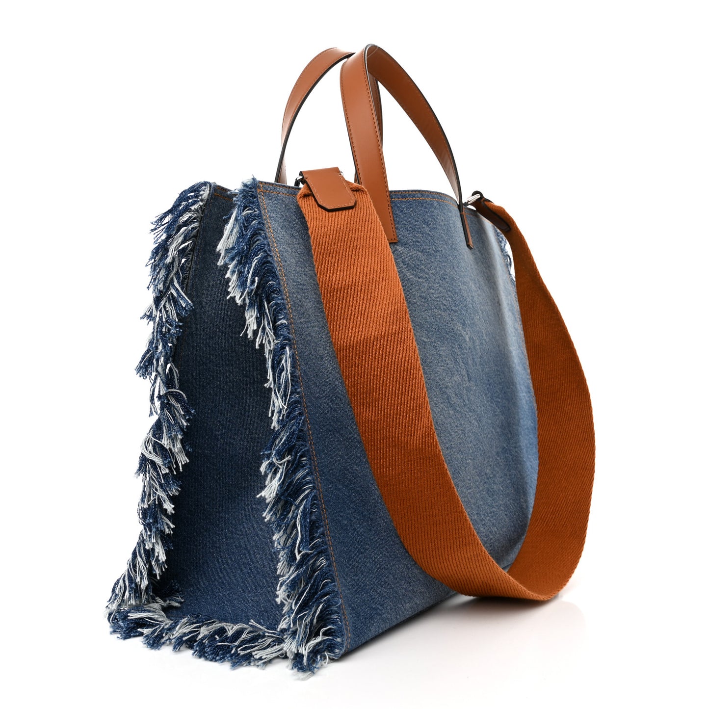 Denim Lavato Vitello King Logo Embroidered Frayed Large Tote Denim Chiaro Cuoio