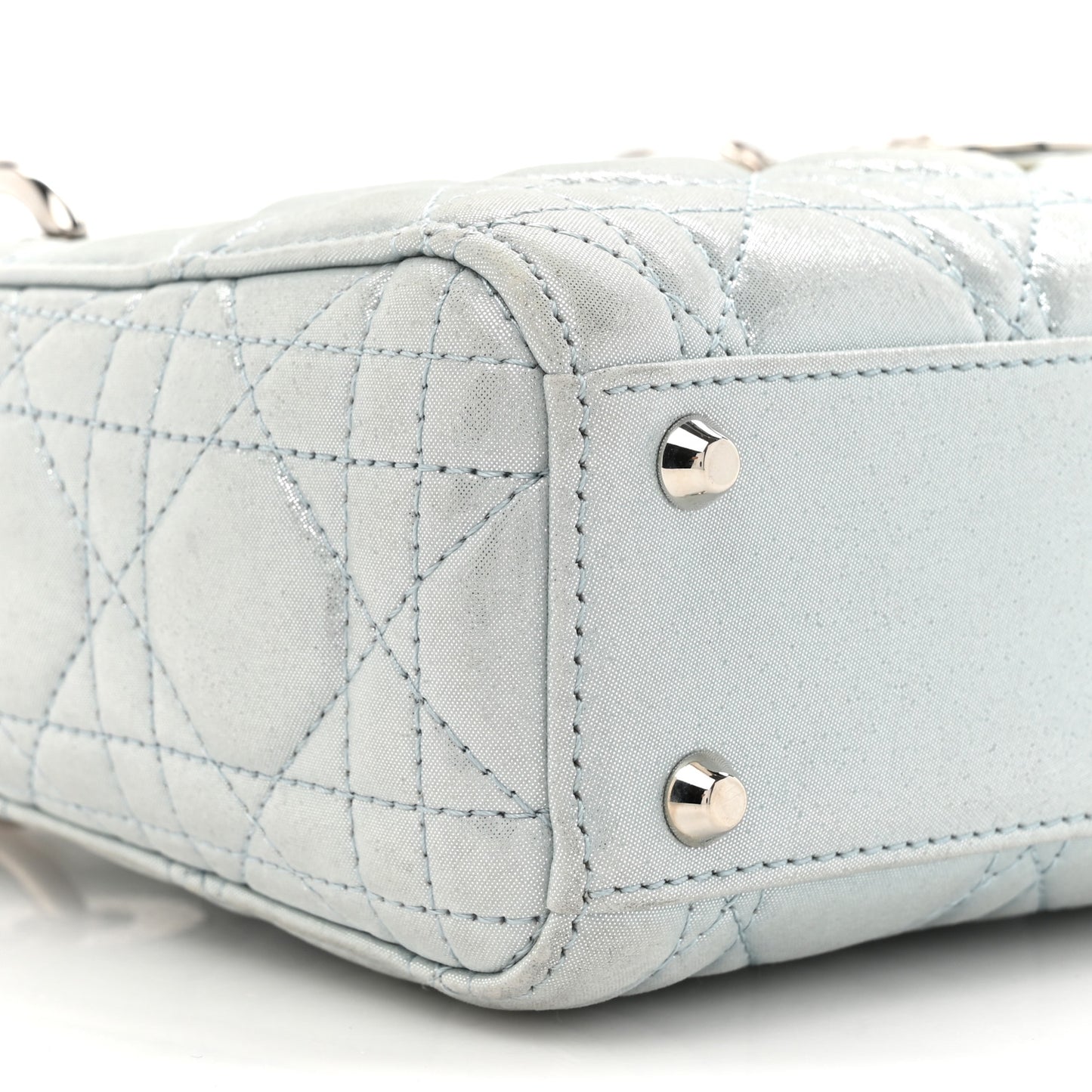 Metallic Lambskin Cannage Mini Lady Dior Light Blue