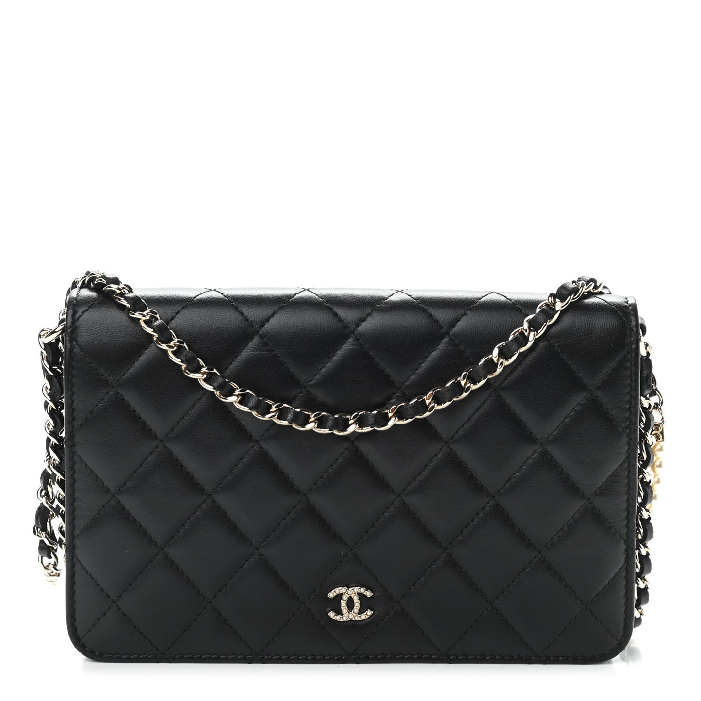 Iridescent Lambskin Quilted Pearl Wallet On Chain WOC Black