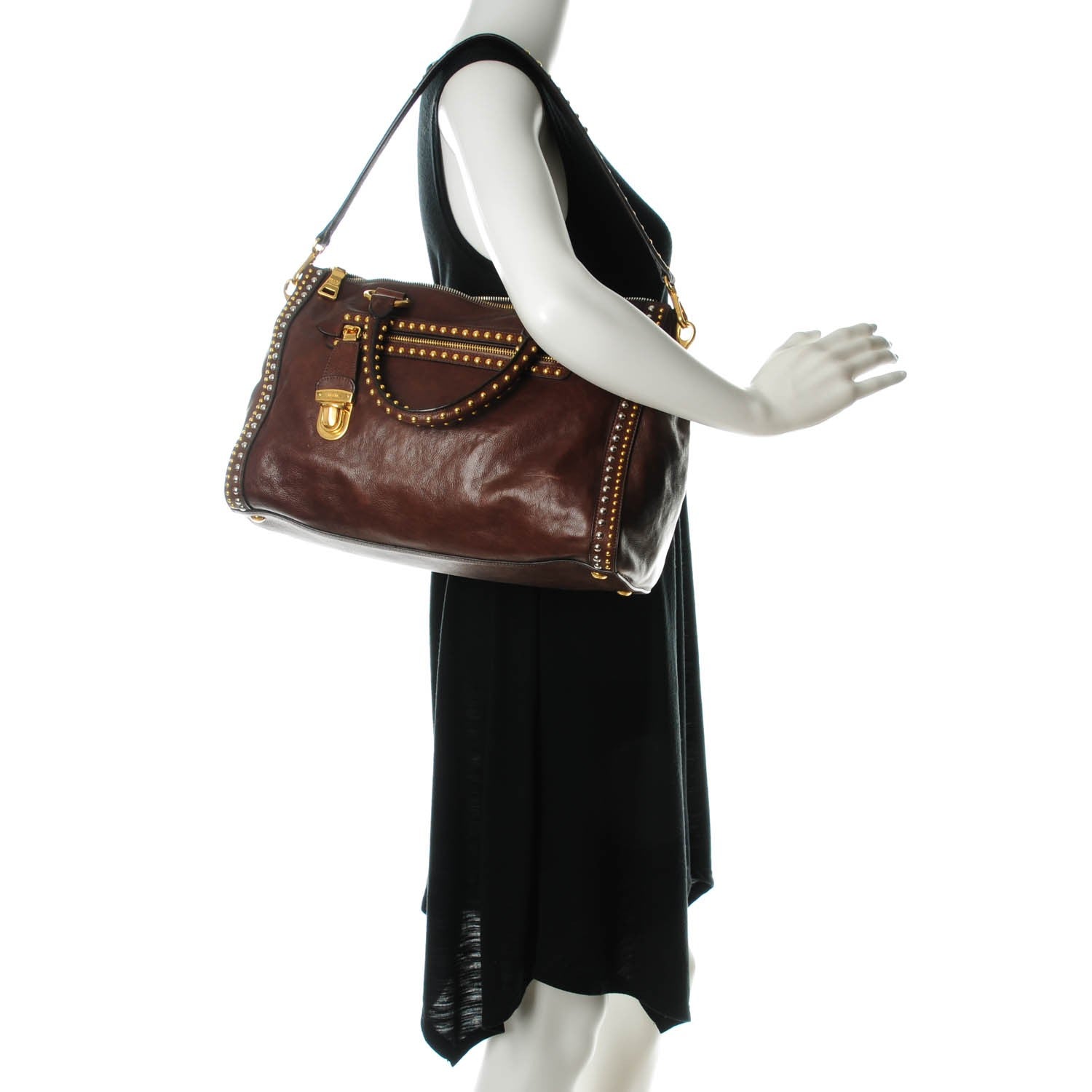 Prada Glace Calf Studded Tote Bruciato 2 of 9