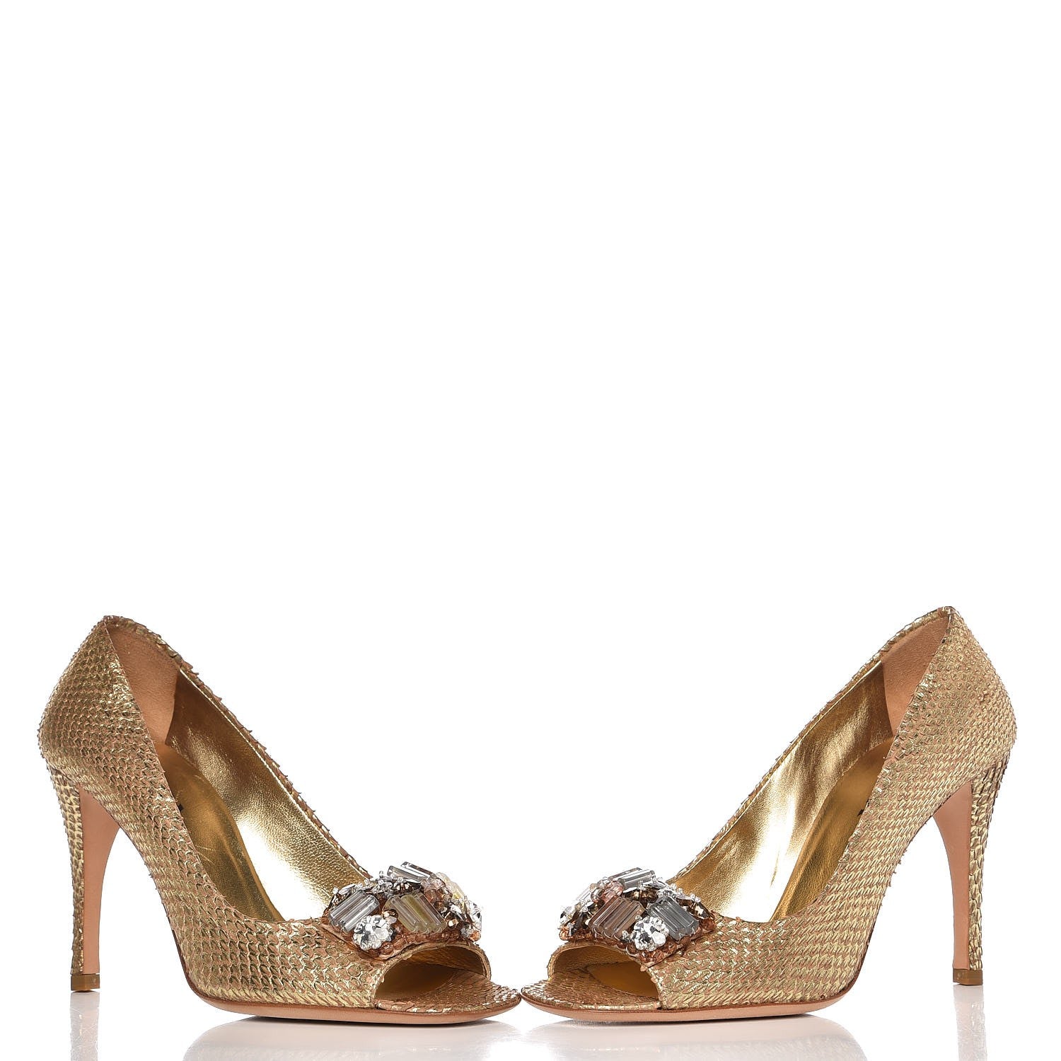 Prada Metallic Snakeskin Crystal Peep Toe Pumps 37 Gold 6 of 14