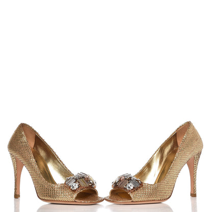 Prada Metallic Snakeskin Crystal Peep Toe Pumps 37 Gold 6 of 14