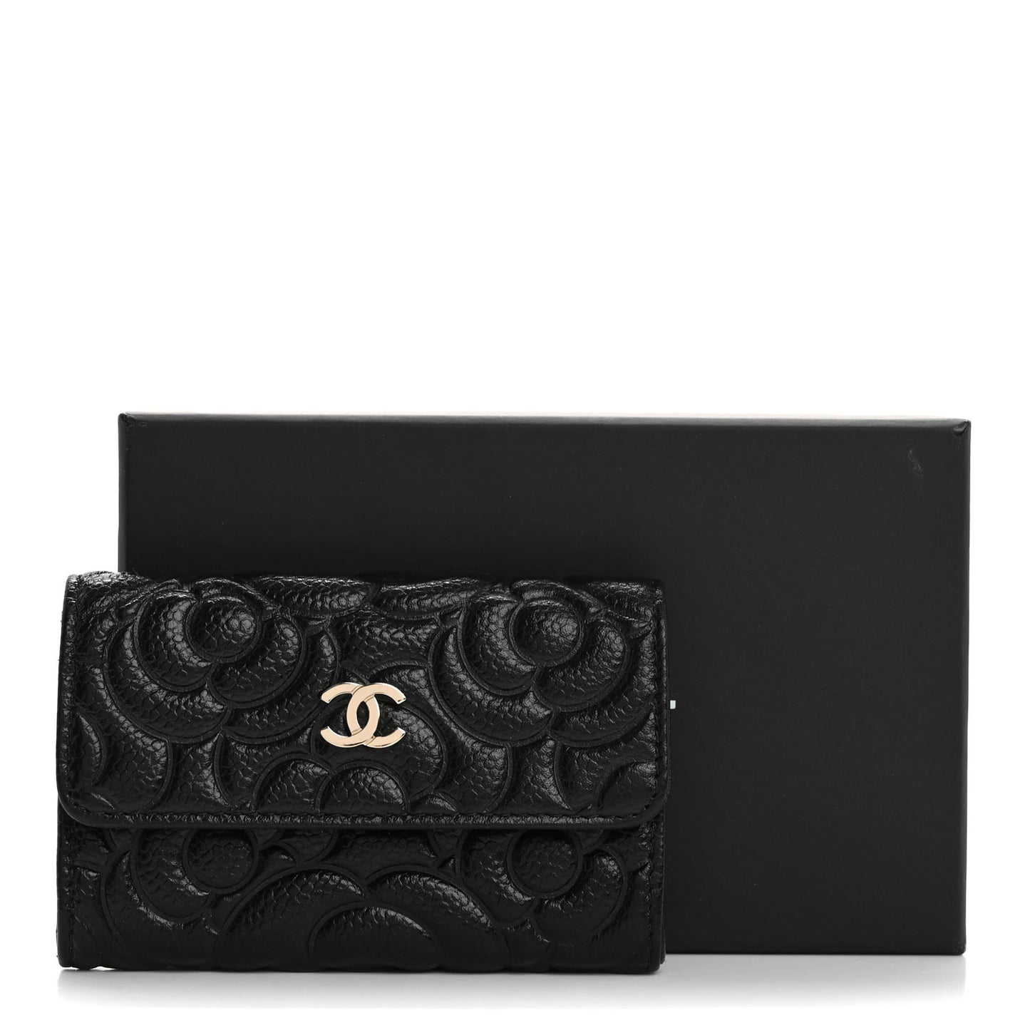 Caviar Camellia Embossed Card Holder Wallet Black