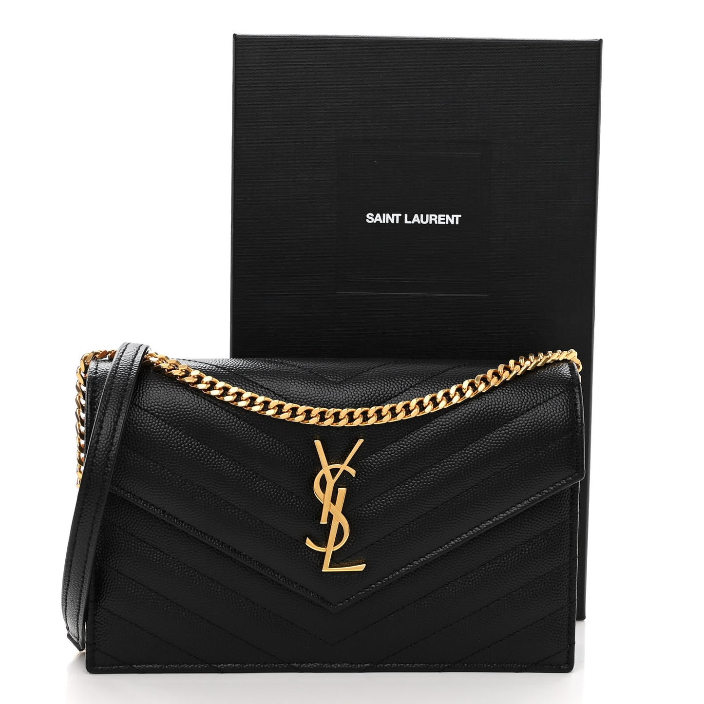 Grain De Poudre Matelasse Chevron Monogram Envelope Chain Wallet Black