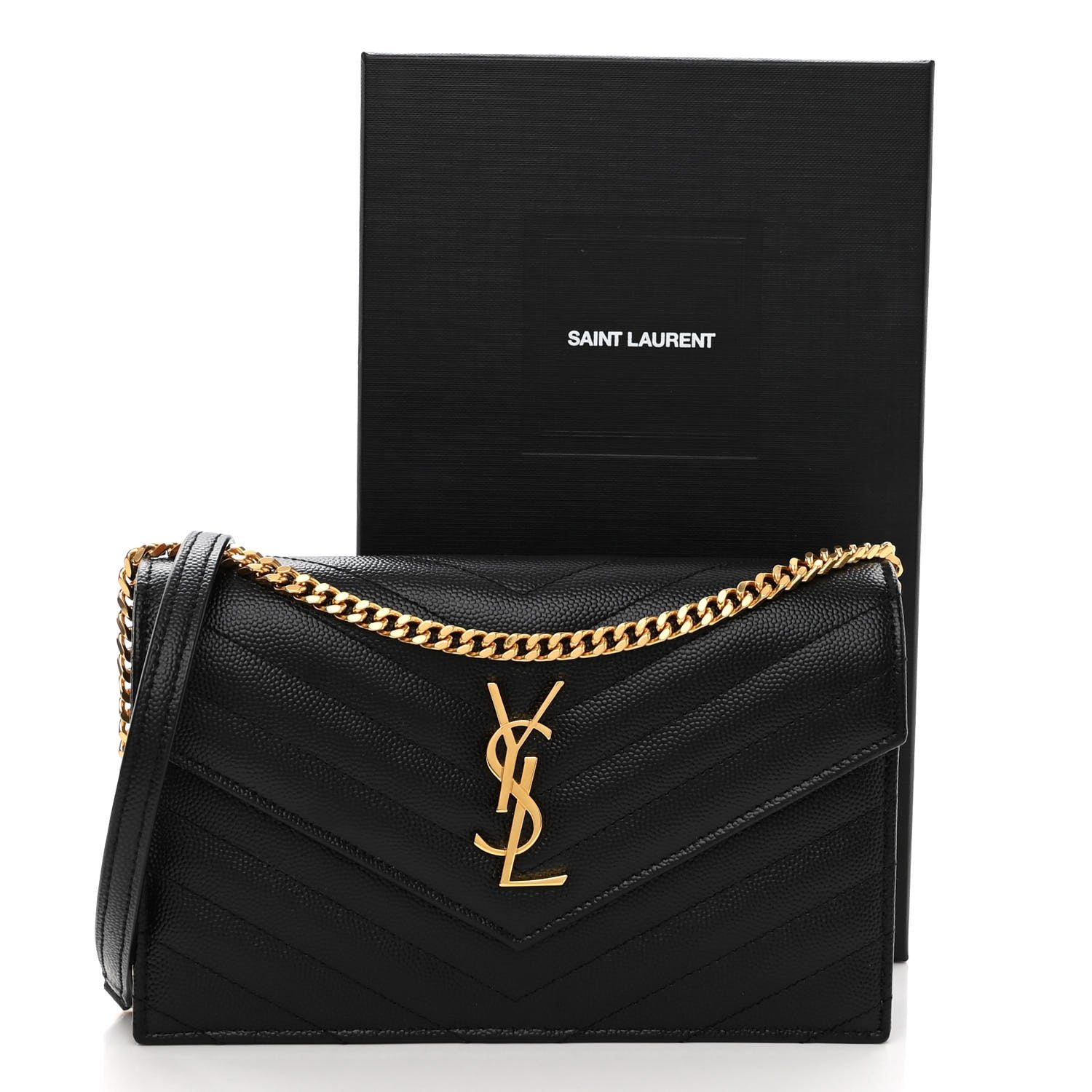 Saint Laurent Grain De Poudre Matelasse Chevron Monogram Envelope Chain Wallet Black 10 of 10