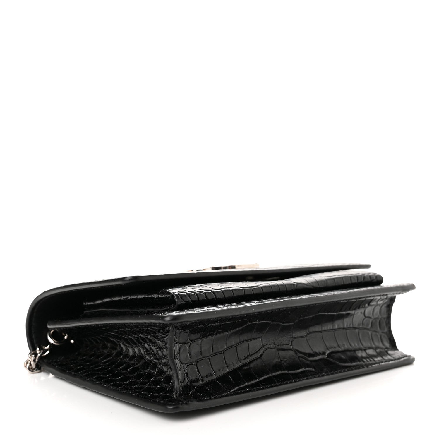 Saint Laurent Calfskin Crocodile Embossed Monogram Sunset Top Handle Chain Wallet Black 4 of 9