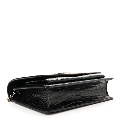 Saint Laurent Calfskin Crocodile Embossed Monogram Sunset Top Handle Chain Wallet Black 4 of 9
