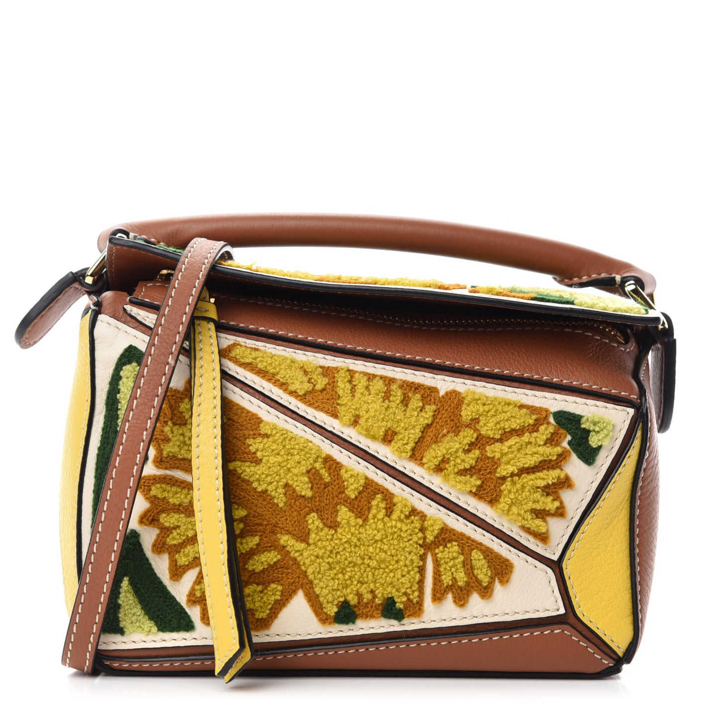 Calfskin Embroidered Floral Mini Puzzle Bag Tan Yellow