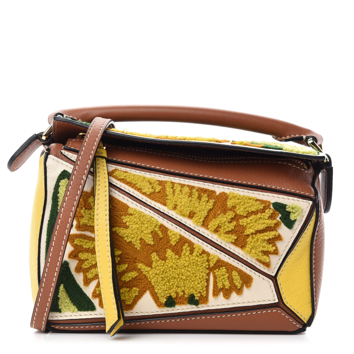 Loewe Calfskin Embroidered Floral Mini Puzzle Bag Tan Yellow 1 of 10