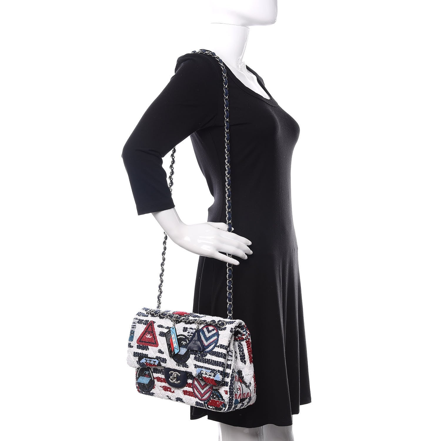Chanel Tweed Airline Printed Jumbo Double Flap White Navy Red Peacock 2 of 11