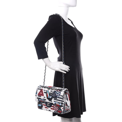 Chanel Tweed Airline Printed Jumbo Double Flap White Navy Red Peacock 2 of 11