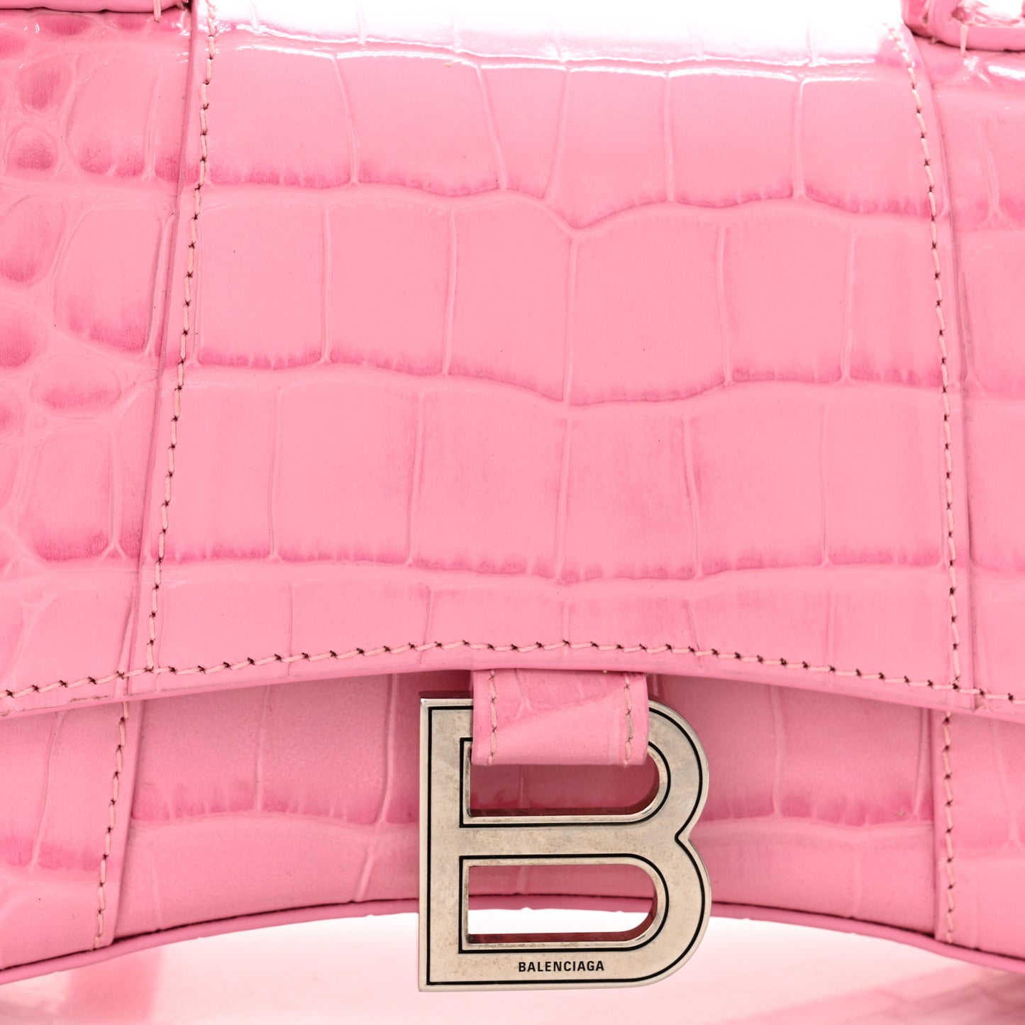 Shiny Calfskin Crocodile Embossed Hourglass Top Handle Bag XS Pink