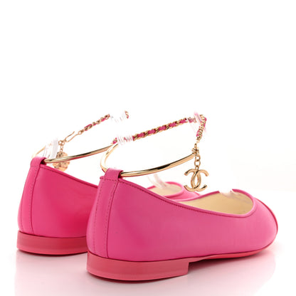 Chanel Lambskin Patent Calfskin Cap Toe Ankle Chain Ballerina Flats 38 Dark Pink 4 of 11