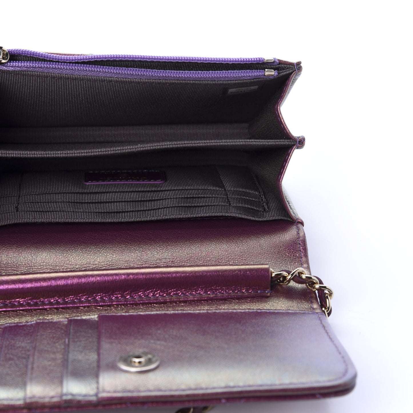 Iridescent Lambskin Quilted Mini Wallet On Chain WOC Purple