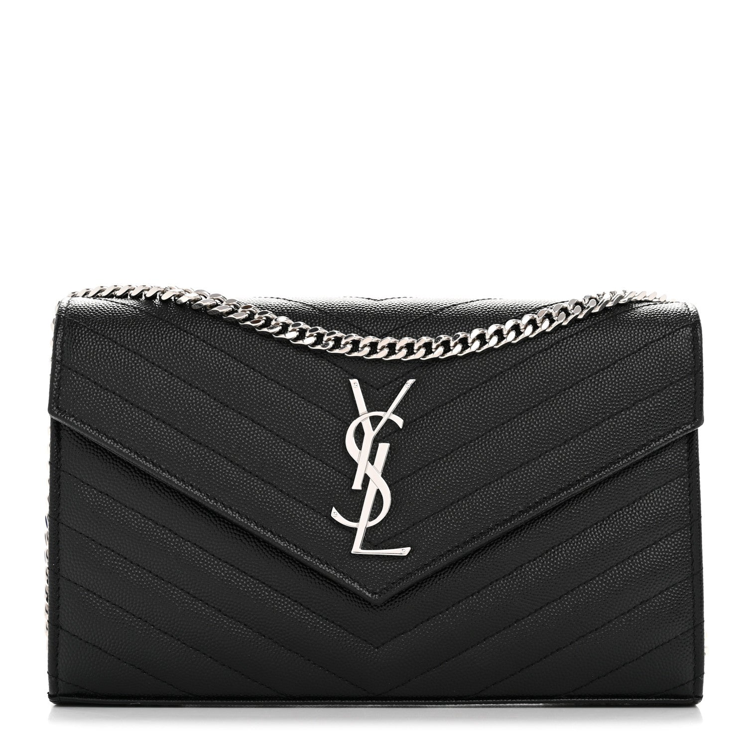 Saint Laurent Grain De Poudre Matelasse Chevron Monogram Chain Wallet Black 1 of 12