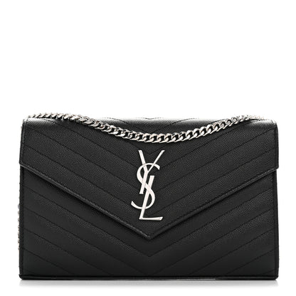 Saint Laurent Grain De Poudre Matelasse Chevron Monogram Chain Wallet Black 1 of 12