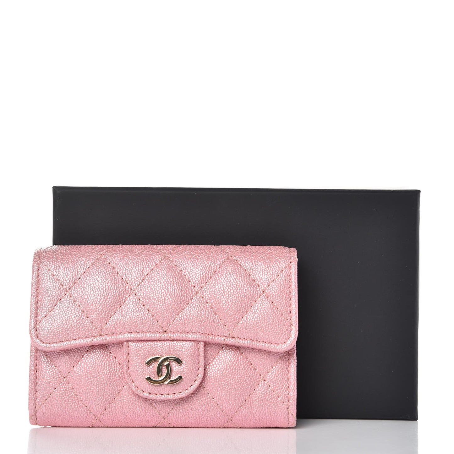 Iridescent Caviar Quilted Flap Card Holder Rose Pink