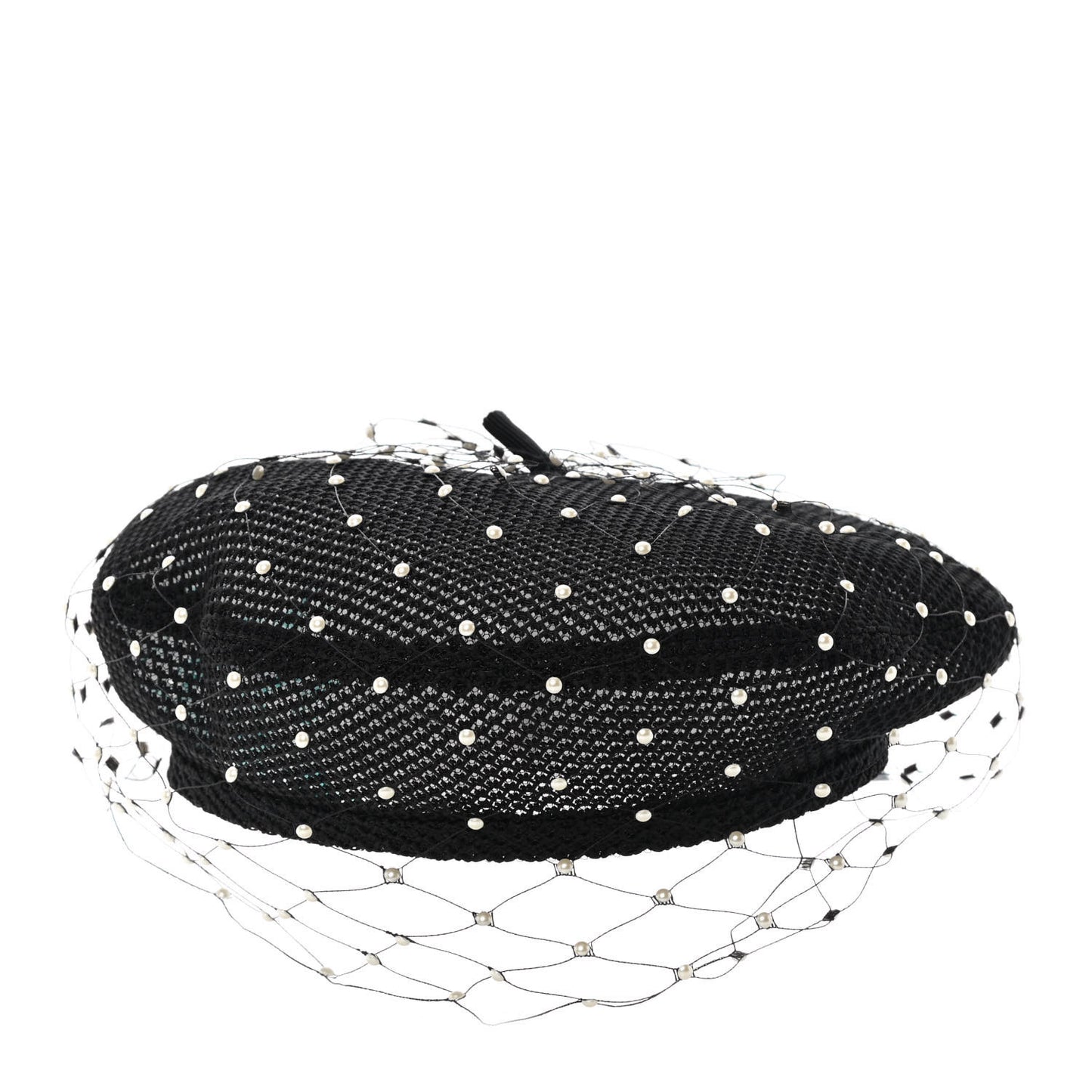 Polyester Nylon Pearl Beret with Veil Black