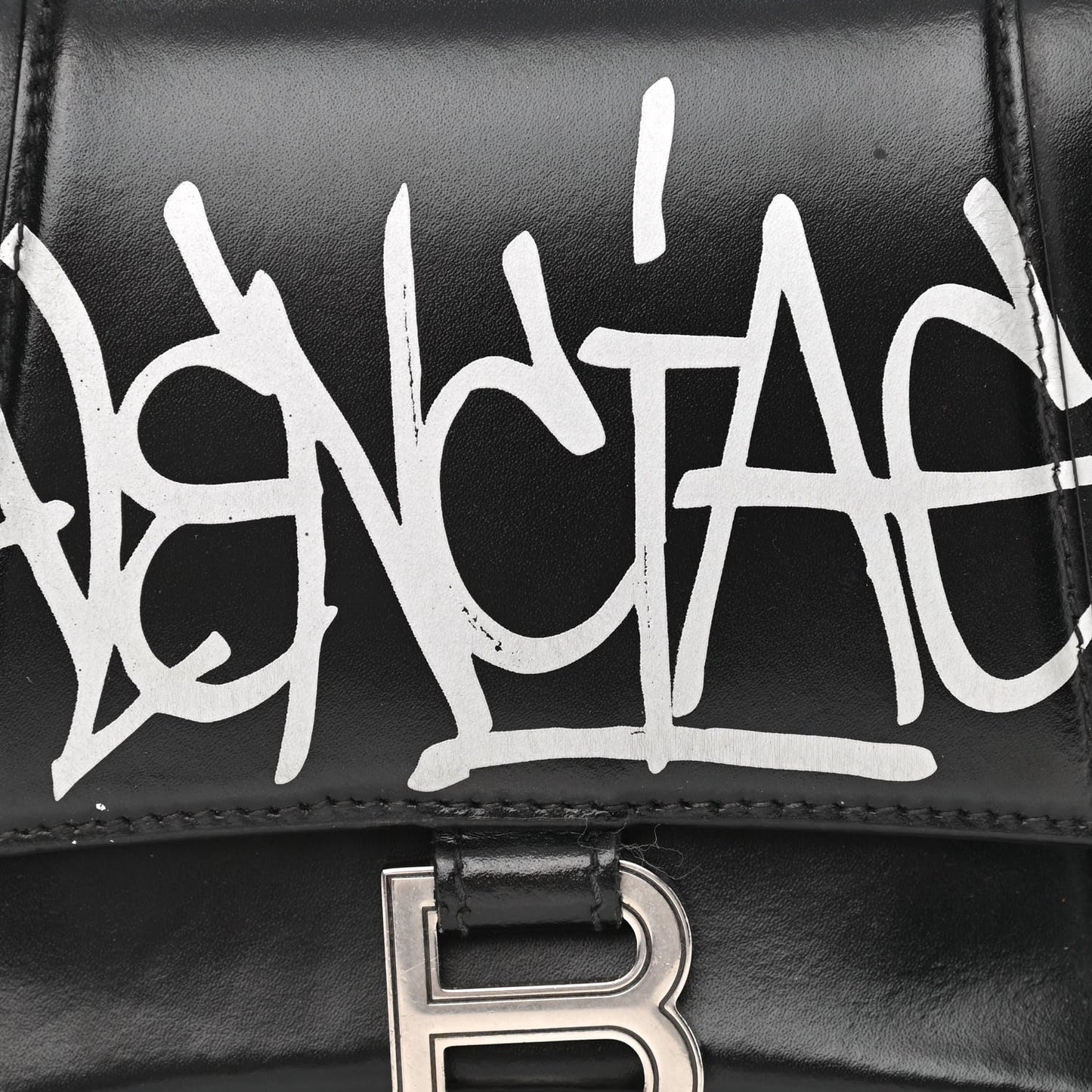 Shiny Box Calfskin Graffiti Logo Small Hourglass Top Handle Bag Black Silver
