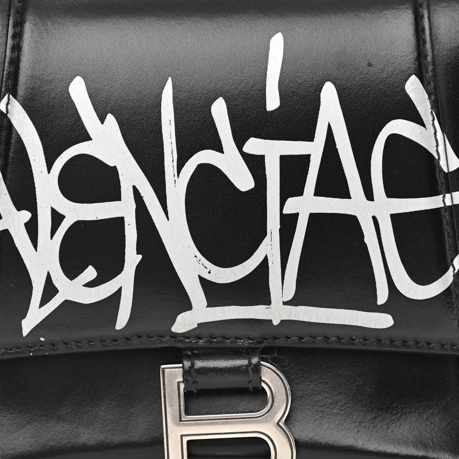 Balenciaga Shiny Box Calfskin Graffiti Logo Small Hourglass Top Handle Bag Black Silver 14 of 17