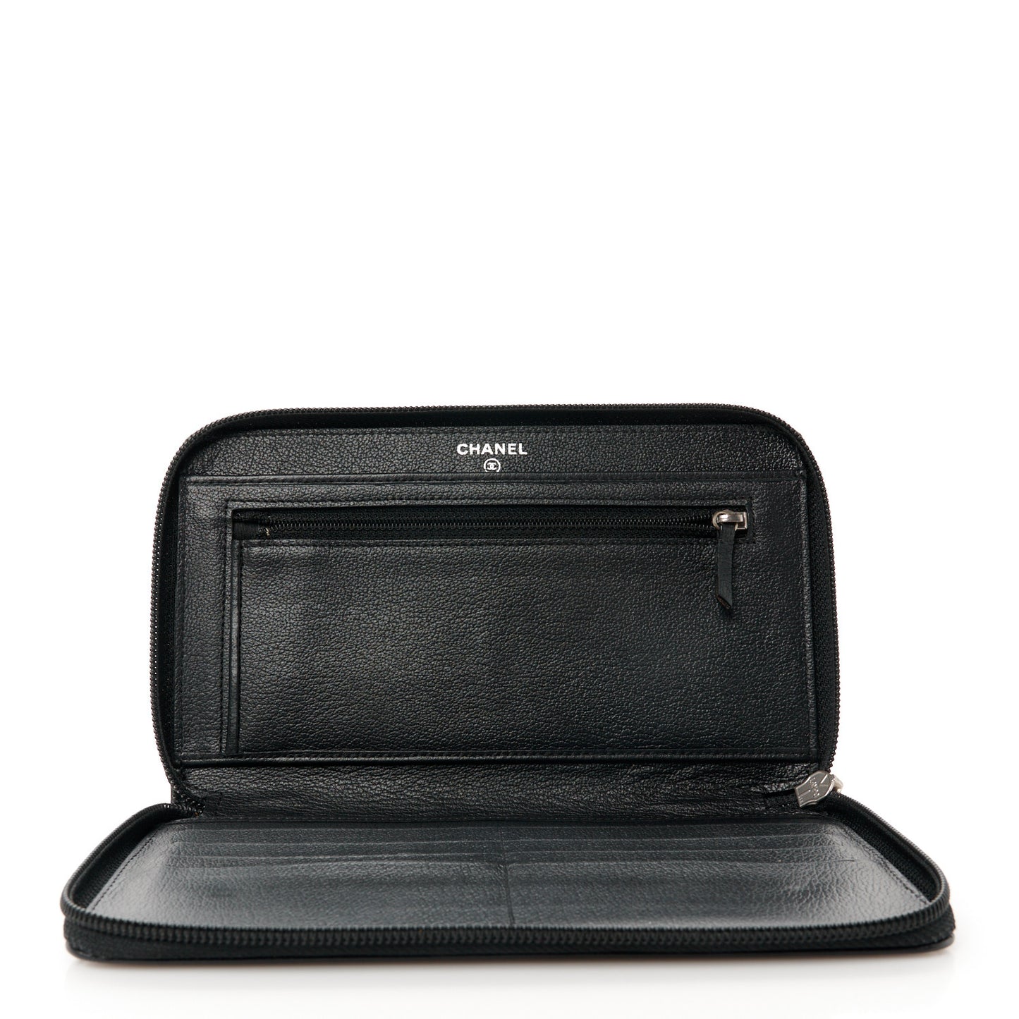 Goatskin Camellia Embossed Zip Around Organizer Wallet Black