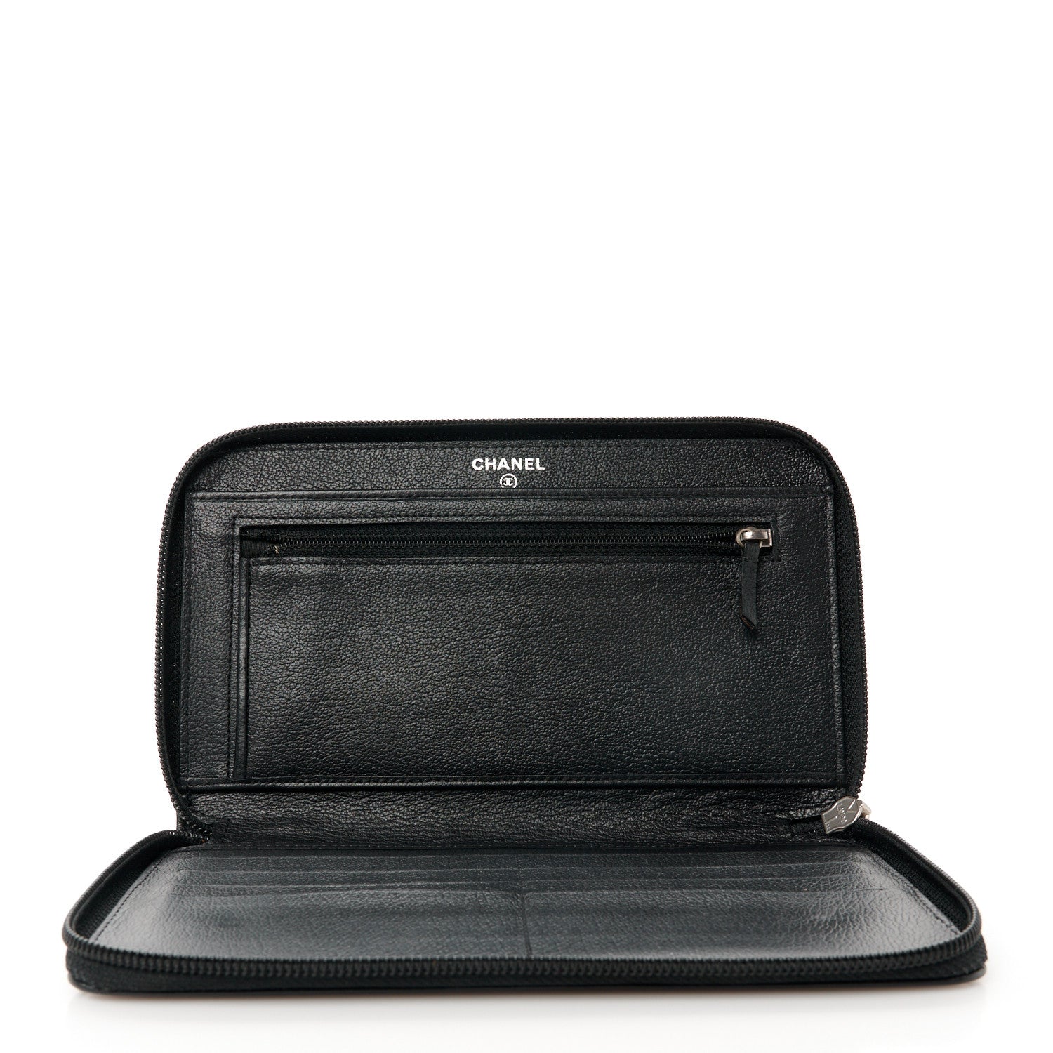 Chanel Goatskin Camellia Embossed Zip Around Organizer Wallet Black 5 of 10