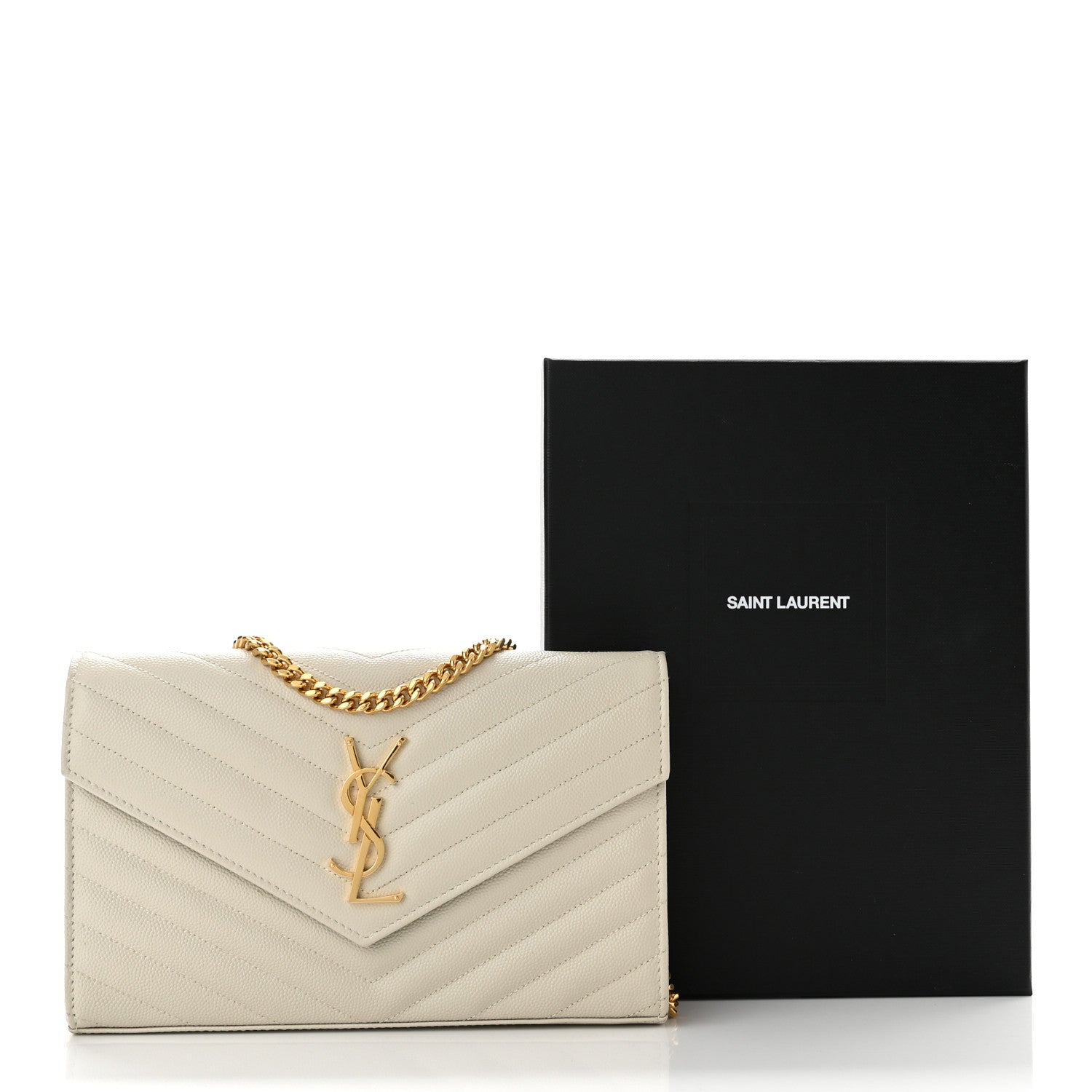 Saint Laurent Grain De Poudre Matelasse Chevron Monogram Chain Wallet Crema Soft 9 of 9