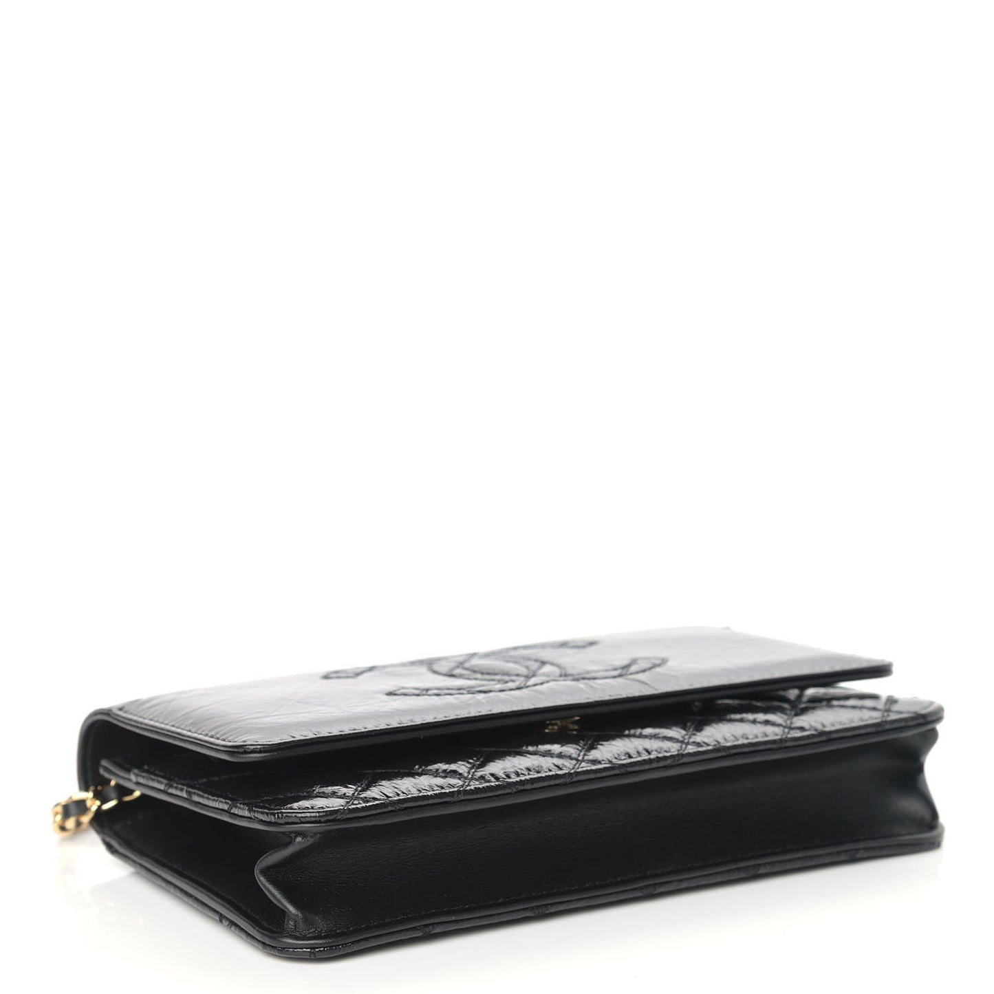 Shiny Aged Calfskin Quilted CC Wallet On Chain WOC Black
