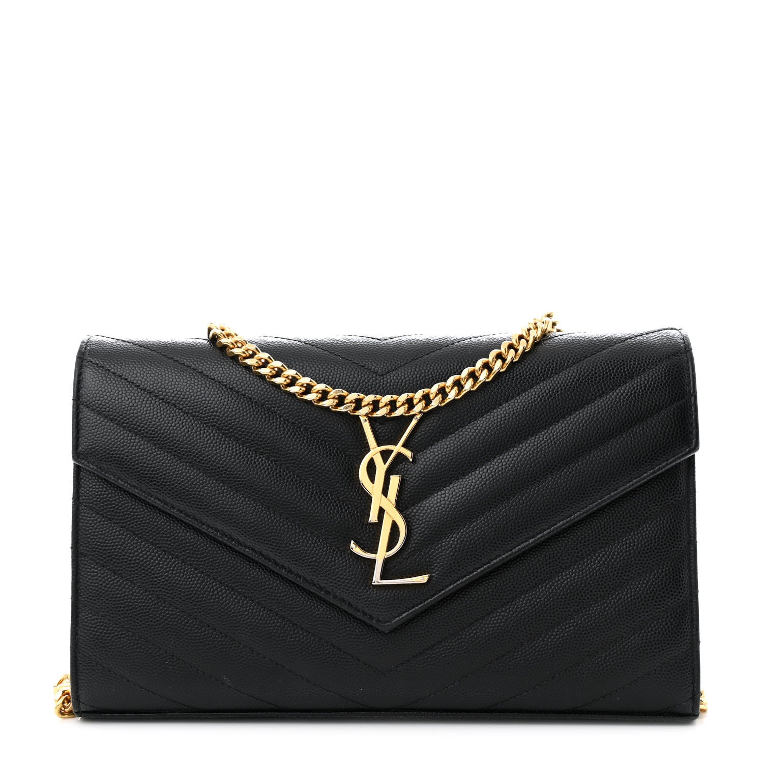 Saint Laurent Grain De Poudre Matelasse Chevron Monogram Chain Wallet Black 1 of 13