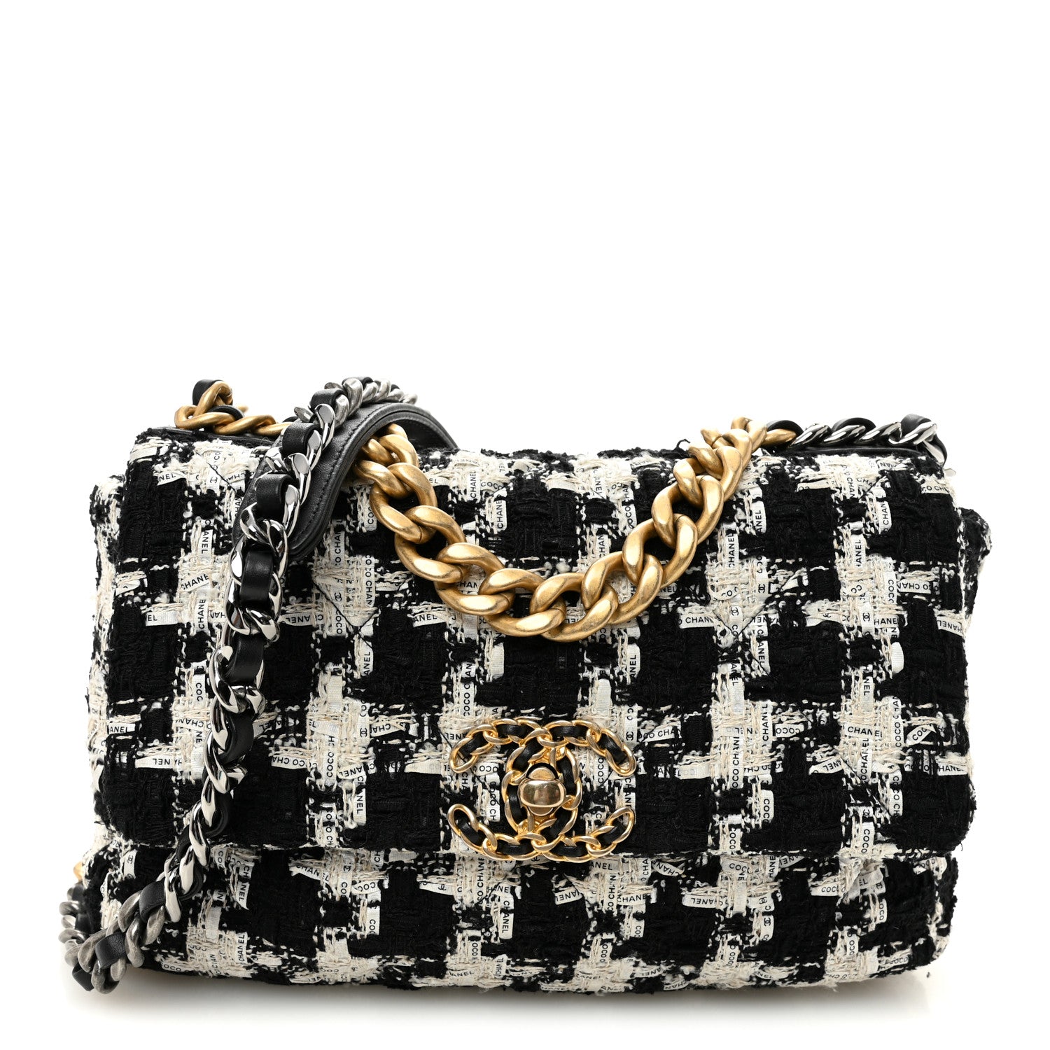 Chanel Tweed Quilted Medium Chanel 19 Flap Black Ecru White 1 of 10
