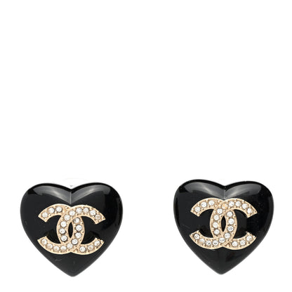 Chanel Resin Crystal CC Heart Earrings Black Gold 1 of 5