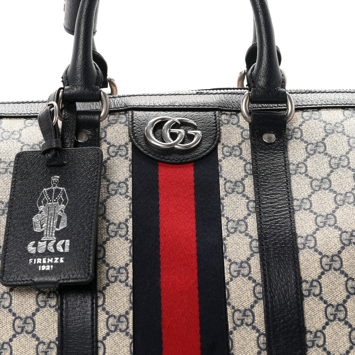 Gucci GG Supreme Monogram Textured Dollar Calfskin Web Medium Savoy Duffle Bag Beige Blue 7 of 10