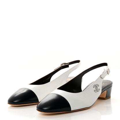 Chanel Calfskin Cap Toe CC Slingback Pumps 39 White Dark Navy 3 of 8