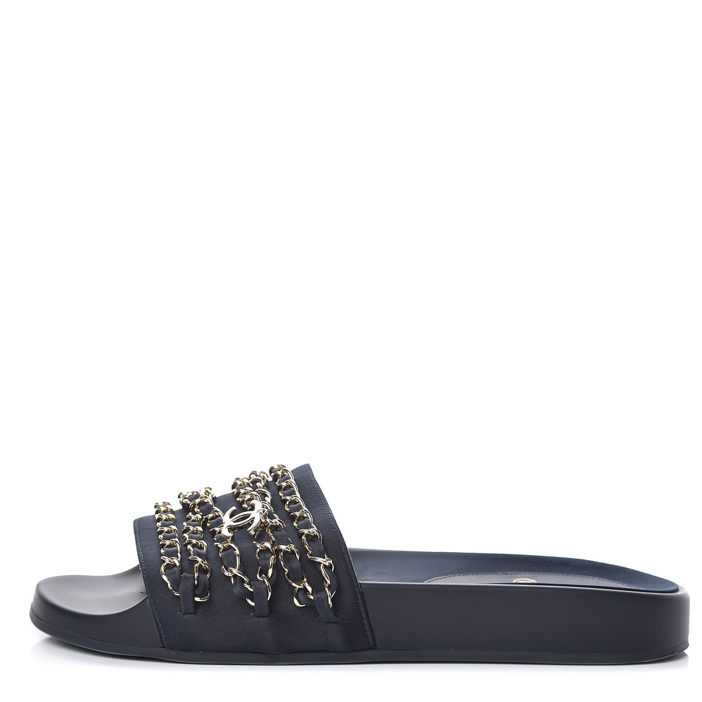 Satin Canvas Chain Slides Sandals Flats 37 Marine