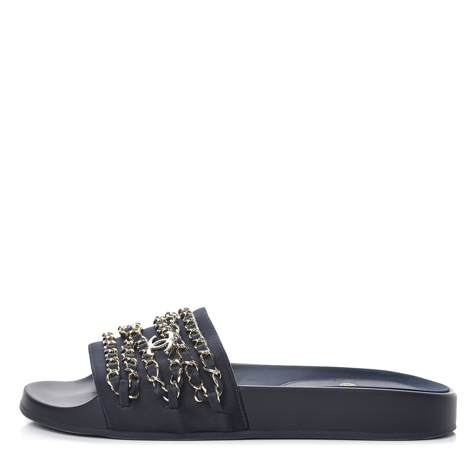 Chanel Satin Canvas Chain Slides Sandals Flats 37 Marine 1 of 14