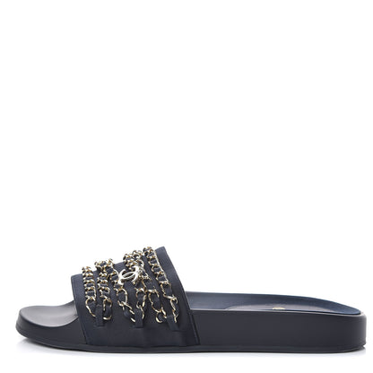Chanel Satin Canvas Chain Slides Sandals Flats 37 Marine 1 of 14