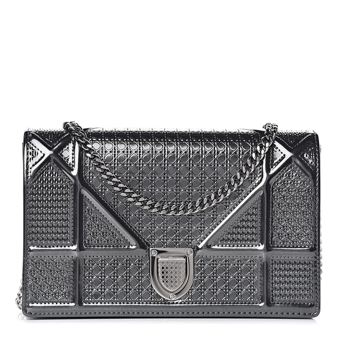 Metallic Patent Micro-Cannage Diorama Wallet on Chain Pouch Onyx Black