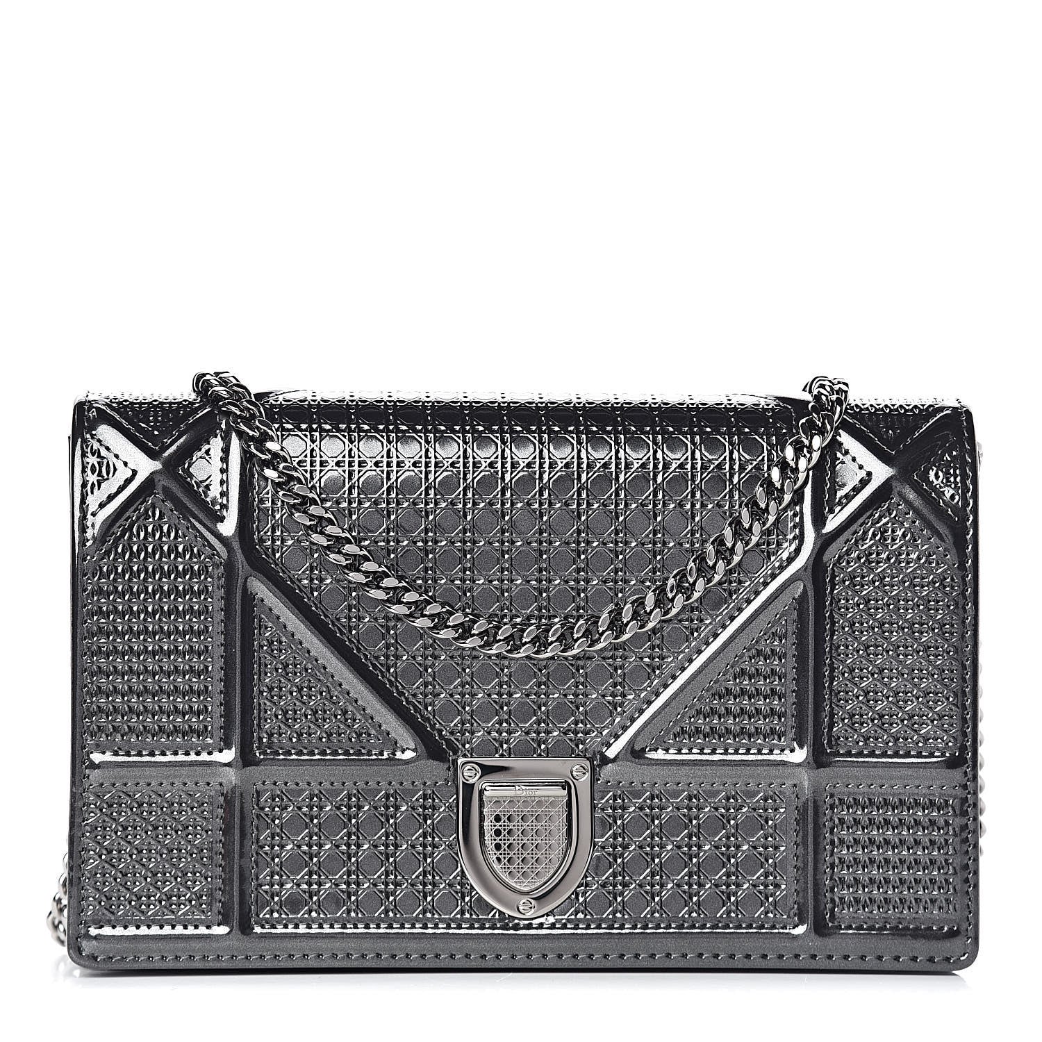 Christian Dior Metallic Patent Micro-Cannage Diorama Wallet on Chain Pouch Onyx Black 1 of 14