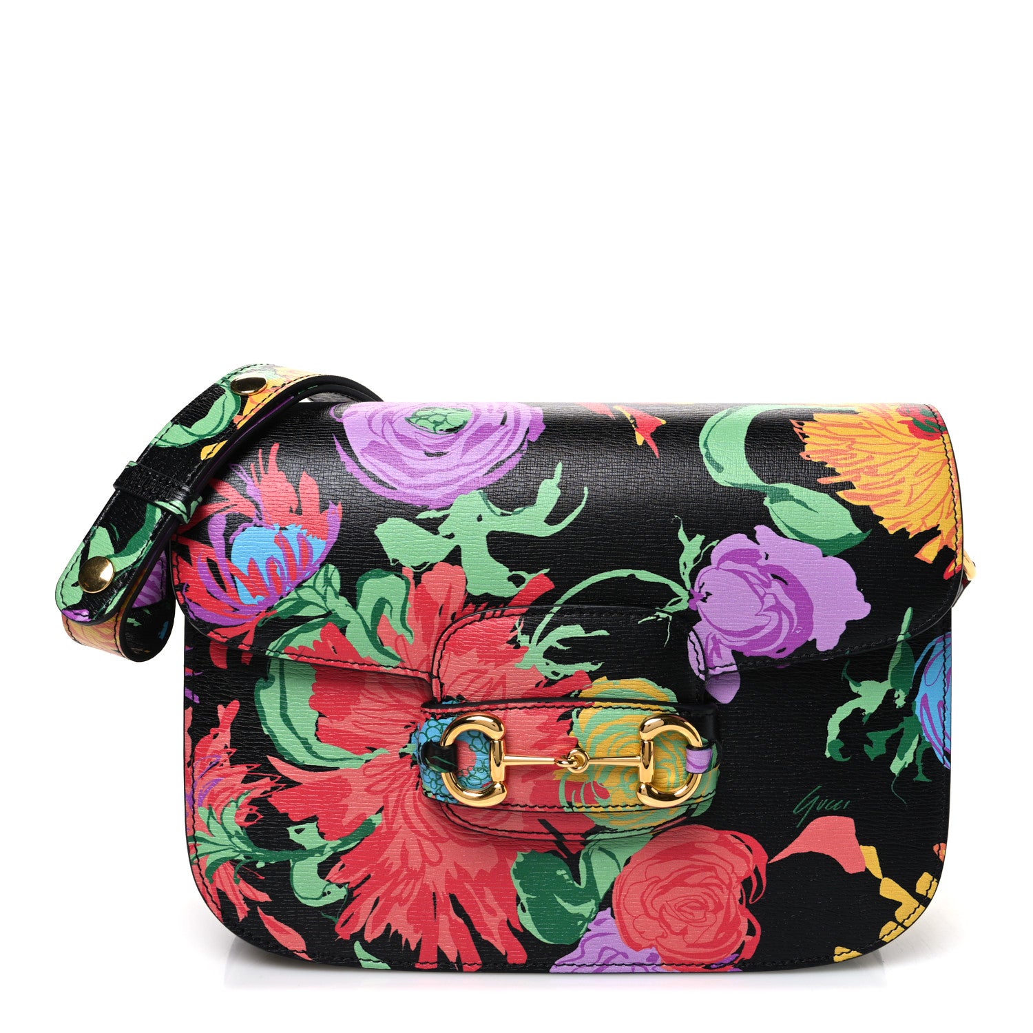 Gucci X KEN SCOTT New Shangai Calfskin Jenny Floral Print Horsebit 1955 Shoulder Bag Black Pink 1 of 10