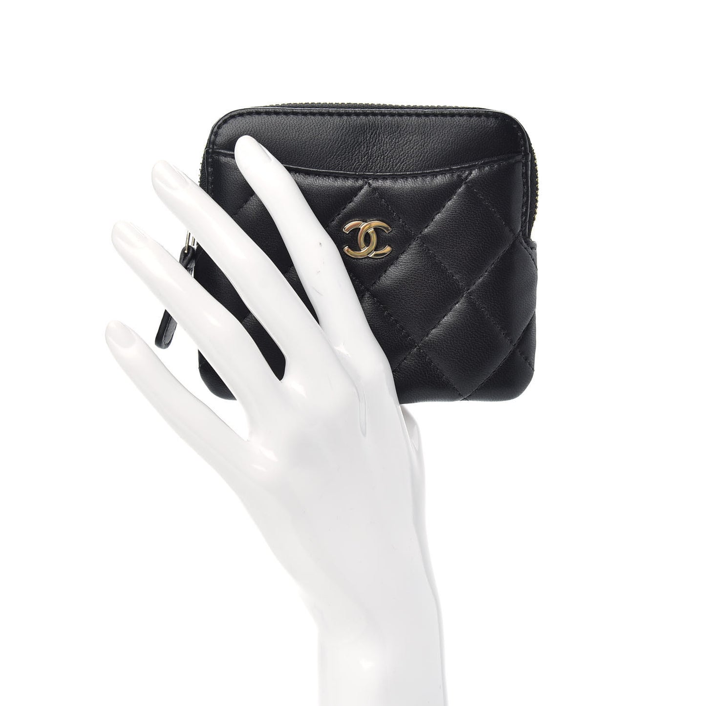 Lambskin Quilted Zip Card Holder Wallet Black