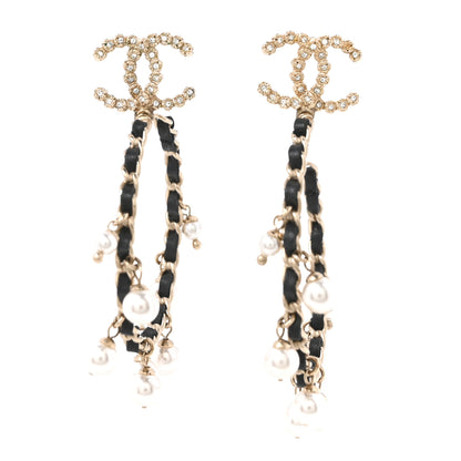 Chanel Lambskin Pearl Crystal CC Chain Hoop Earrings Gold Black 1 of 4